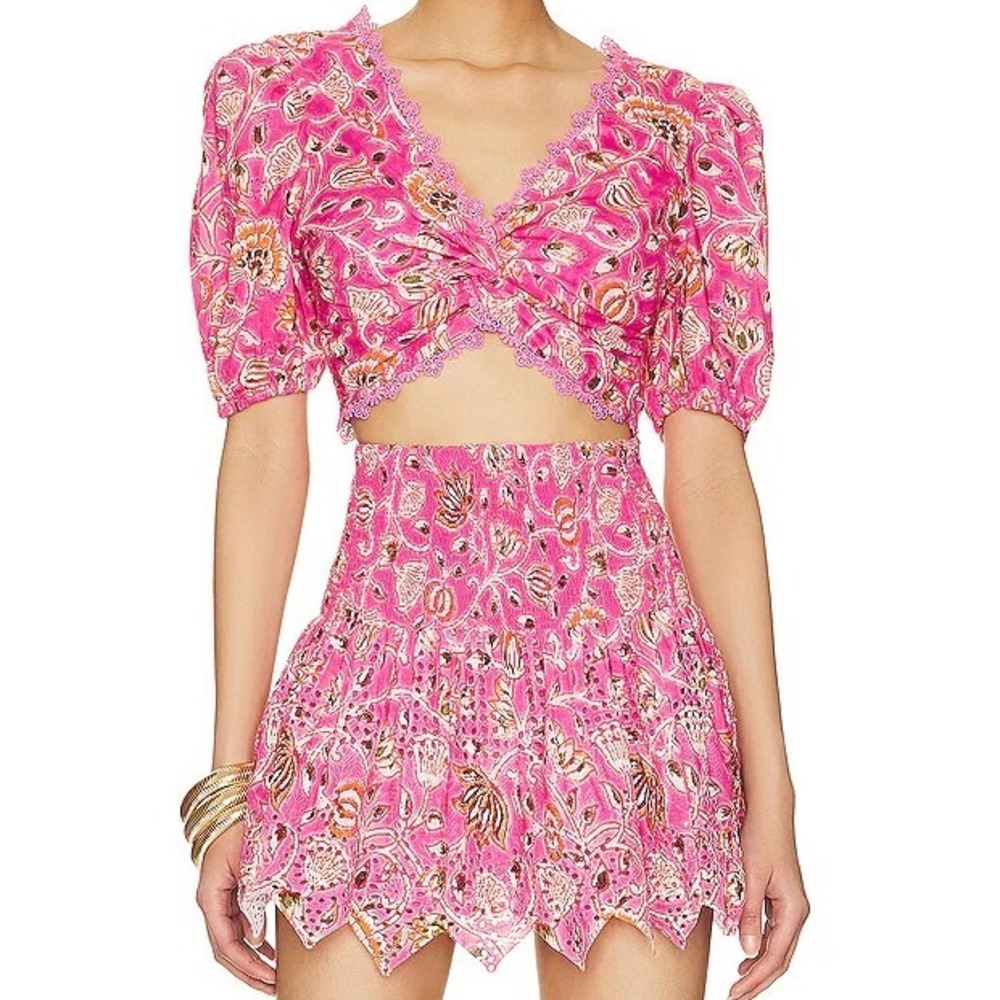 Hemant & Nandita Nara Top and Skirt Set size XL Pink Floral Summer Resort Pool
